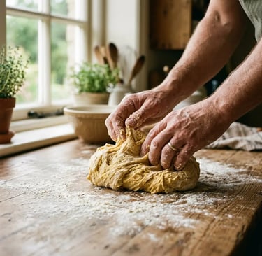 Close-up of hands kneading fresh pasta dough on rustic wooden table in Italian farmhouse kitchen