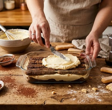 Hands spreading mascarpone cream over espresso-soaked Savoiardi biscuits to make Tiramisu