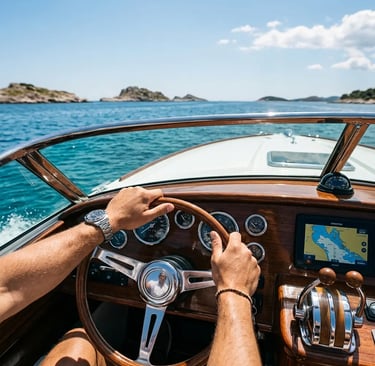 Hands at the helm of a Split luxury boat tour heading toward the Pakleni Islands