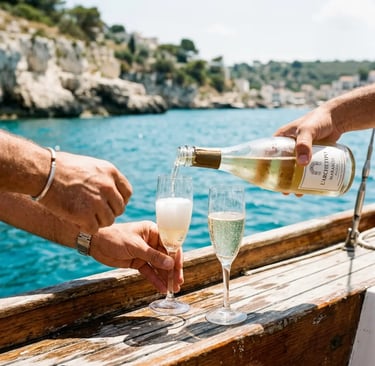 Hands pouring Apulian sparkling wine into glasses on wooden boat deck along Puglia coast