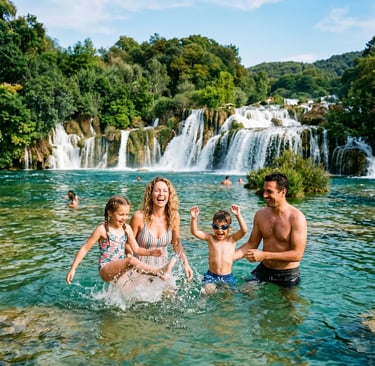 Happy family with two kids splashing in turquoise water at Krka National Park waterfalls