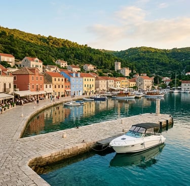 White speedboat moored at Maslinica harbour with colourful waterfront buildings Šolta island