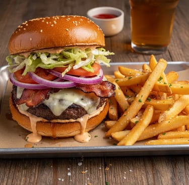 Gourmet beef burger with bacon, melted cheese, and seasoned fries at Funky Fox, Courchevel.