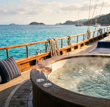 Heated Jacuzzi on aft deck of premium Gulet with Adriatic Sea panorama