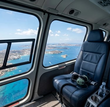 Helicopter cabin interior with aviation headset and panoramic view of Greek islands