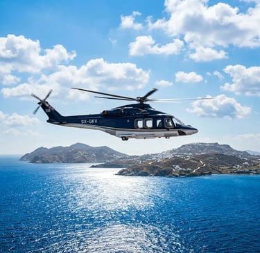 Private helicopter flying over the Aegean Sea approaching a Cyclades island