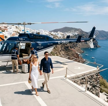 Couple walking from private helicopter on Santorini helipad with Aegean Sea views
