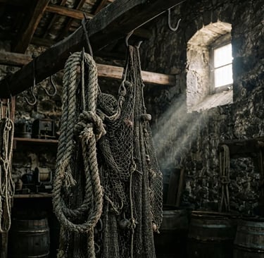 Weathered hemp ropes and traditional fishing nets inside historic Carloforte tuna factory