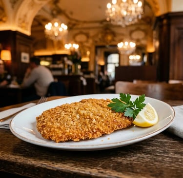 Golden breaded vegan schnitzel on white plate with lemon and parsley, chandelier blur