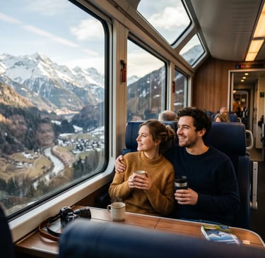 Couple holding hands at Lausanne train station at dusk on private Swiss train tour from Zurich