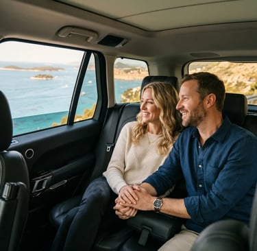 Happy American couple holding hands in private vehicle along Dalmatian coast on Split to Ston tour