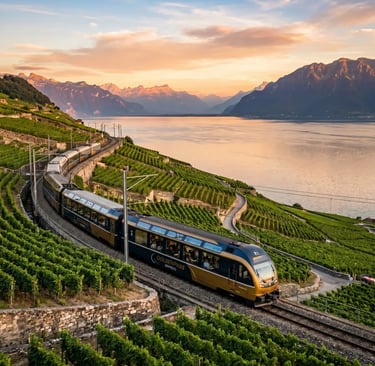 GoldenPass Express panoramic train curving through Lavaux vineyards above Lake Geneva at sunset