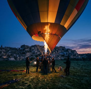 Colorful hot air balloon inflating with flame at blue hour before Matera Sassi skyline at dawn.
