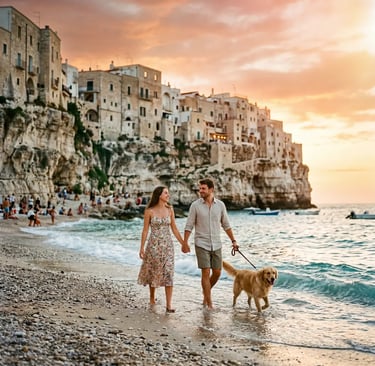 Couple and golden retriever walk Lama Monachile beach below Polignano cliffs at sunset.
