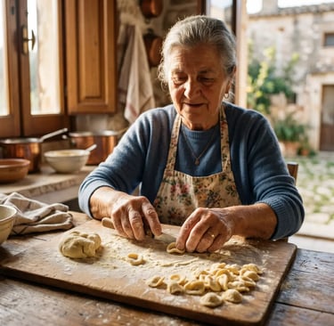  Elderly Italian Cesarina shaping fresh orecchiette pasta on wooden board in rustic Lecce kitchen