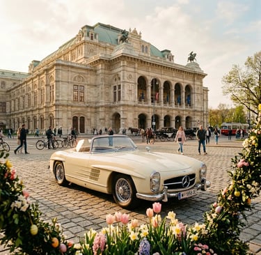 Vintage cream Oldtimer Mercedes parked in front of Vienna State Opera with spring flowers