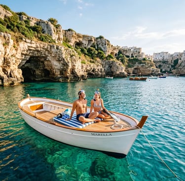  Smiling couple with snorkel masks on white boat in turquoise water by limestone cliffs