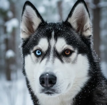 A portrait of a majestic Siberian Husky with one blue eye and one brown eye, standing in a snowy for