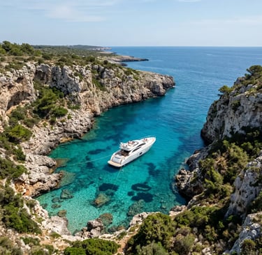 Aerial drone shot of luxury yacht anchored in secluded turquoise cove on Puglia Adriatic coast