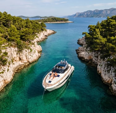 Private luxury speedboat anchored in secluded turquoise cove of Pakleni Islands near Hvar Croatia
