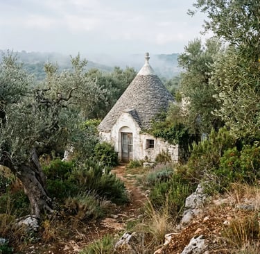 Isolated whitewashed trullo with stone roof hidden among olive trees in misty Puglia