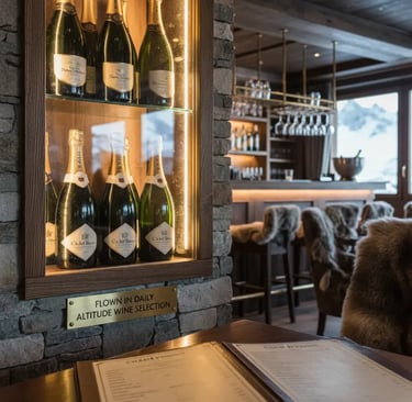 Premium Champagne bottles displayed in a backlit glass cabinet at a luxury après-ski bar in Val Gard