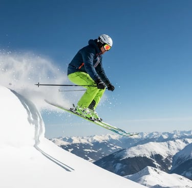 A professional skier in bright green pants jumping through fresh powder snow with a blue sky and mou
