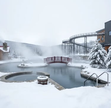 A picturesque view of a small red wooden bridge crossing a steaming thermal pool surrounded by deep 
