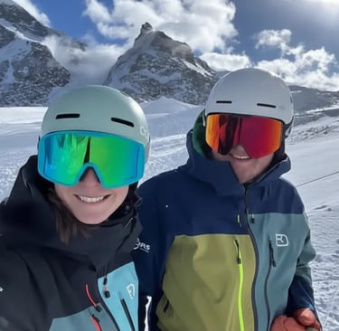 Happy skiers wearing helmets and goggles enjoying the sunny slopes and après-ski vibes at Zermatt Sk