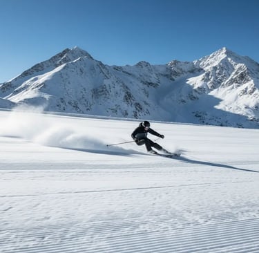 A skier carving through fresh powder on a wide, sunny alpine slope, capturing the essence of skiing 