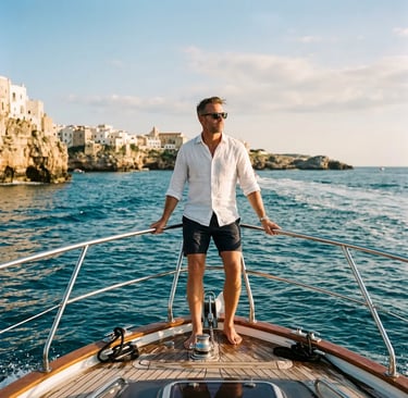 Confident man in white linen shirt on boat bow, Puglia white cliffs and sea behind