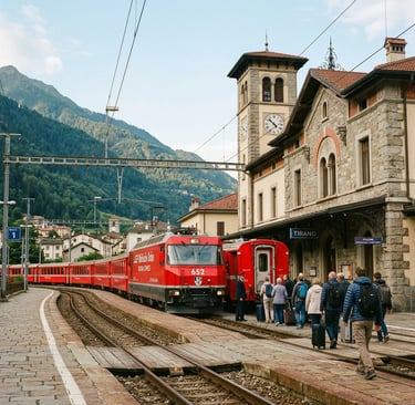 Red Bernina Express train at Tirano station platform with passengers boarding