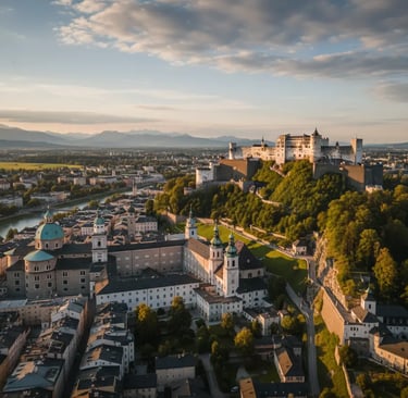 Aerial view of Salzburg skyline with the historic fortress.