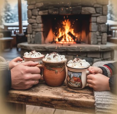 Three mugs of hot cocoa with whipped cream on a rustic wooden table in front of a cozy stone firepla