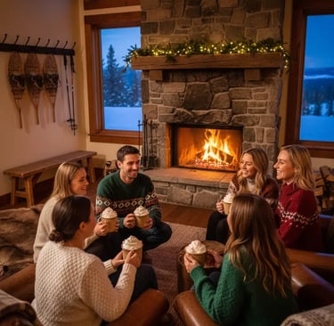 A group of friends sitting together in a cozy, rustic cabin, enjoying hot drinks around a glowing fi
