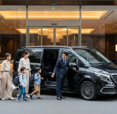 Professional driver opening the door of a luxury black van for a family with luggage at a hotel entr