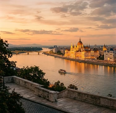  Hungarian Parliament Building glowing at golden hour seen from Buda side across the Danube River