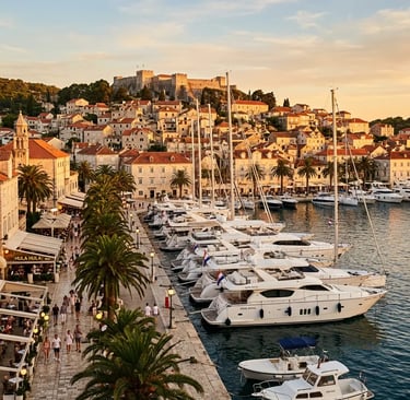 Luxury yachts moored in Hvar harbor at sunset on a premium Split boat tour