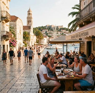 Travelers dining at Hvar harbor restaurant with bell tower and Venetian architecture in sunlight