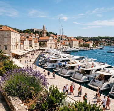Hvar Town harbor with luxury yachts, Venetian architecture and lavender on Croatia tour