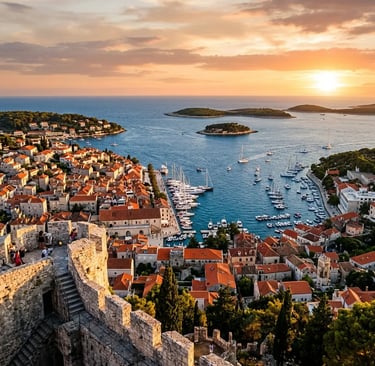 Sunset panoramic view of Hvar town and Pakleni Islands from Španjola Fortress, Croati