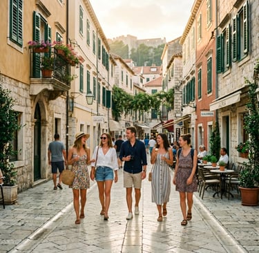  Friends walking through historic stone streets of Hvar Town during private boat tour from Split