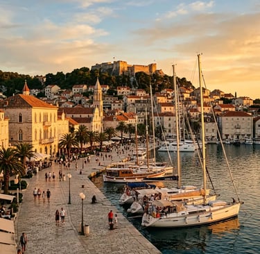 Hvar town Riva promenade at golden hour with sailing yachts and Fortica fortress above