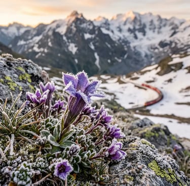Frost-covered purple alpine wildflowers at Bernina Pass with red train curving in snow below