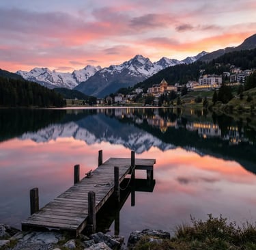 St. Moritz lake at sunset with wooden dock, pink sky reflecting in still Engadin water