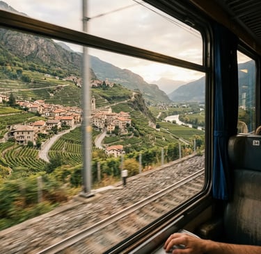 View from train window over Valtellina valley with terraced vineyards and Italian village