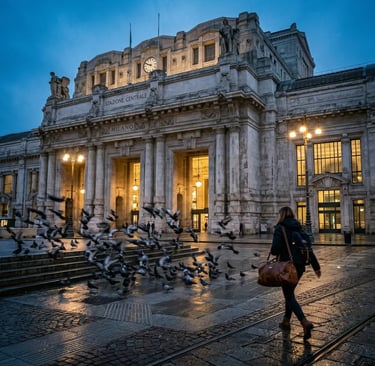 Woman with leather bag walks toward Milan Centrale station at dawn, pigeons in motion blur