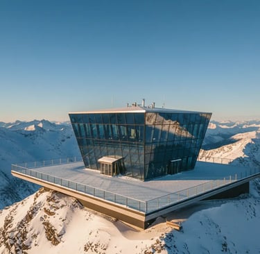 The modern glass architecture of the ice Q restaurant on a mountain peak in Sölden, surrounded by sn