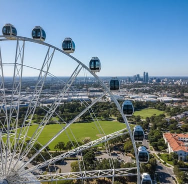 Scenic view of the observation capsules on The Wheel at ICON Park overlooking the green Orlando land