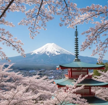 Famous Chureito Pagoda surrounded by blooming cherry blossoms with Mt. Fuji in the distance during s